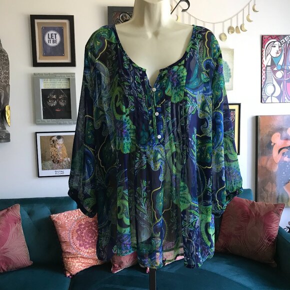OLD NAVY size XXL Green Blue & Purple Paisley Print Chiffon Popover Blouse Top - Picture 1 of 4
